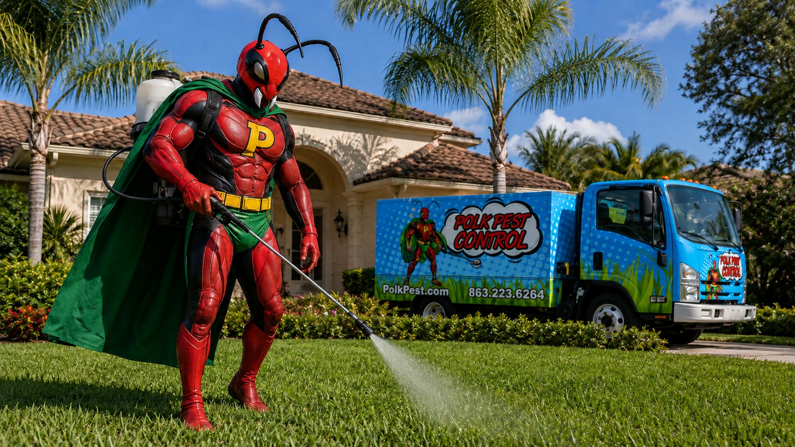 Pestman providing lawn service at a residential property