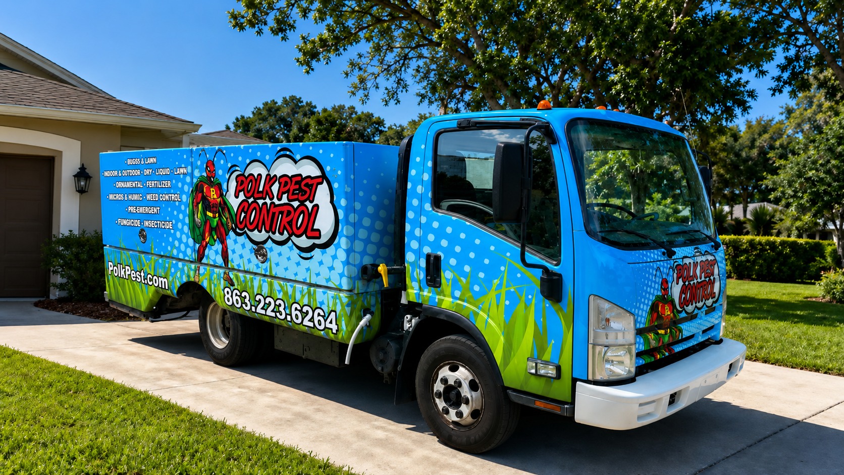 Polk Pest Control blue superhero-branded Hero Mobile service truck on a Florida driveway